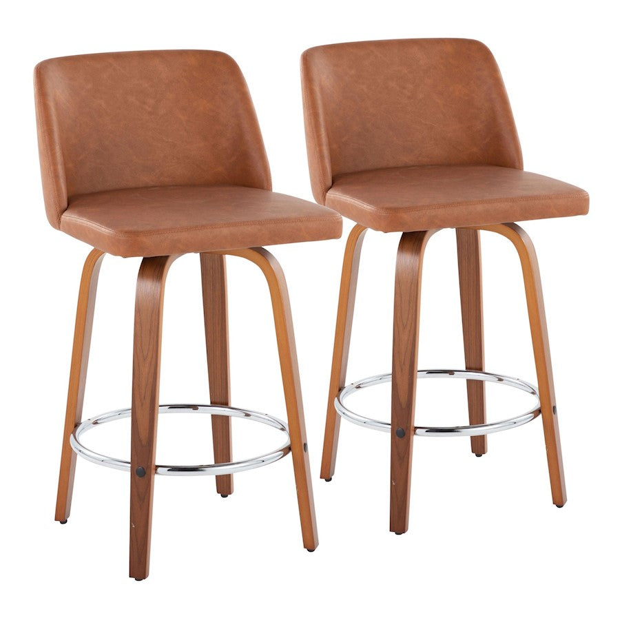 LumiSource Toriano 26in Counter Stool Set/2 | Mid-Century Walnut Wood, Camel PU, Chrome | Kitchen Island & Bar Seating | Model B26-TRNOPU-SWVR2WLCAM2