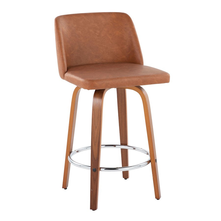 LumiSource Toriano 26in Counter Stool Set/2 | Mid-Century Walnut Wood, Camel PU, Chrome | Kitchen Island & Bar Seating | Model B26-TRNOPU-SWVR2WLCAM2