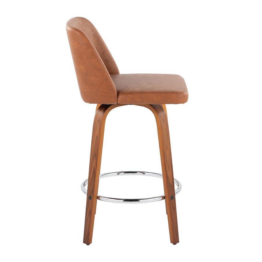 LumiSource Toriano 26in Counter Stool Set/2 | Mid-Century Walnut Wood, Camel PU, Chrome | Kitchen Island & Bar Seating | Model B26-TRNOPU-SWVR2WLCAM2
