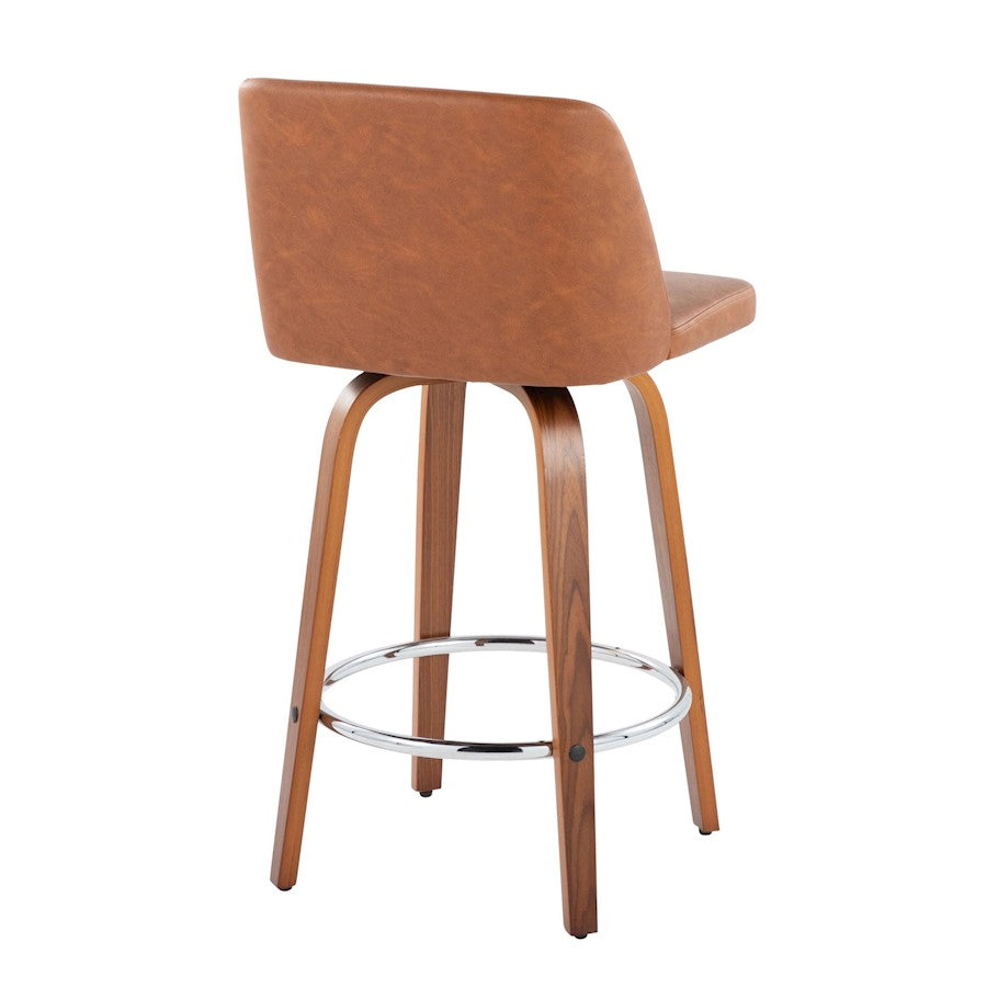 LumiSource Toriano 26in Counter Stool Set/2 | Mid-Century Walnut Wood, Camel PU, Chrome | Kitchen Island & Bar Seating | Model B26-TRNOPU-SWVR2WLCAM2