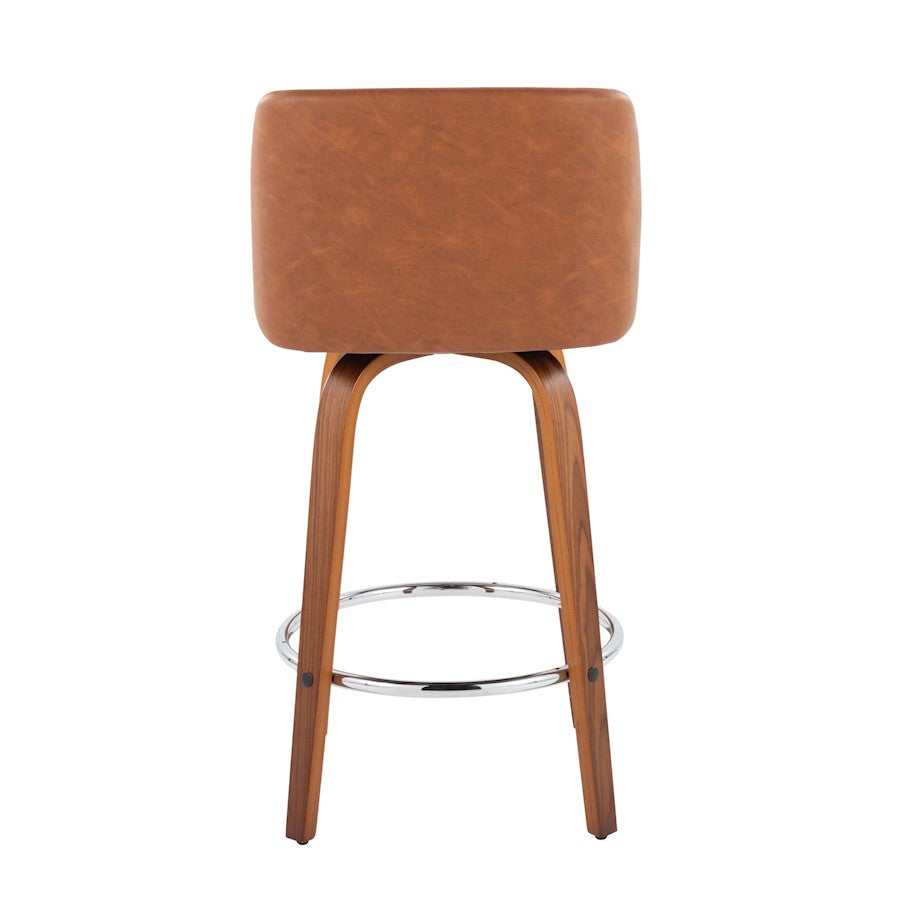 LumiSource Toriano 26in Counter Stool Set/2 | Mid-Century Walnut Wood, Camel PU, Chrome | Kitchen Island & Bar Seating | Model B26-TRNOPU-SWVR2WLCAM2