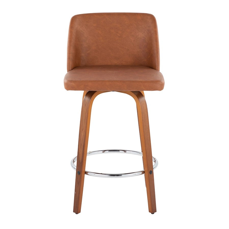 LumiSource Toriano 26in Counter Stool Set/2 | Mid-Century Walnut Wood, Camel PU, Chrome | Kitchen Island & Bar Seating | Model B26-TRNOPU-SWVR2WLCAM2
