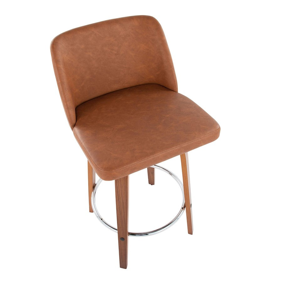 LumiSource Toriano 26in Counter Stool Set/2 | Mid-Century Walnut Wood, Camel PU, Chrome | Kitchen Island & Bar Seating | Model B26-TRNOPU-SWVR2WLCAM2