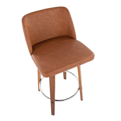 LumiSource Toriano 26in Counter Stool Set/2 | Mid-Century Walnut Wood, Camel PU, Chrome | Kitchen Island & Bar Seating | Model B26-TRNOPU-SWVR2WLCAM2