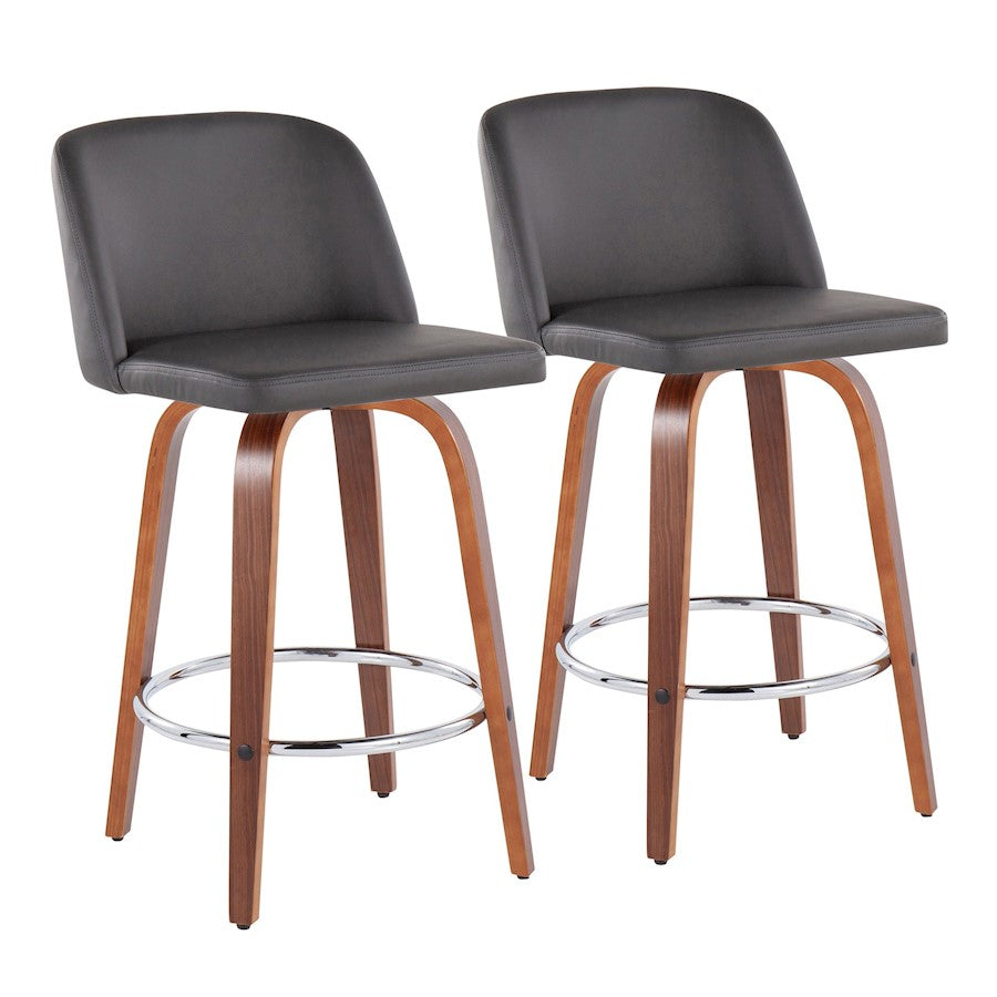 LumiSource Toriano 25.5in Counter Stool Set of 2 | Mid-Century Walnut Wood, Grey PU, Chrome | Kitchen Island & Bar | Model B26-TRNOPU-SWVR2WLGY2