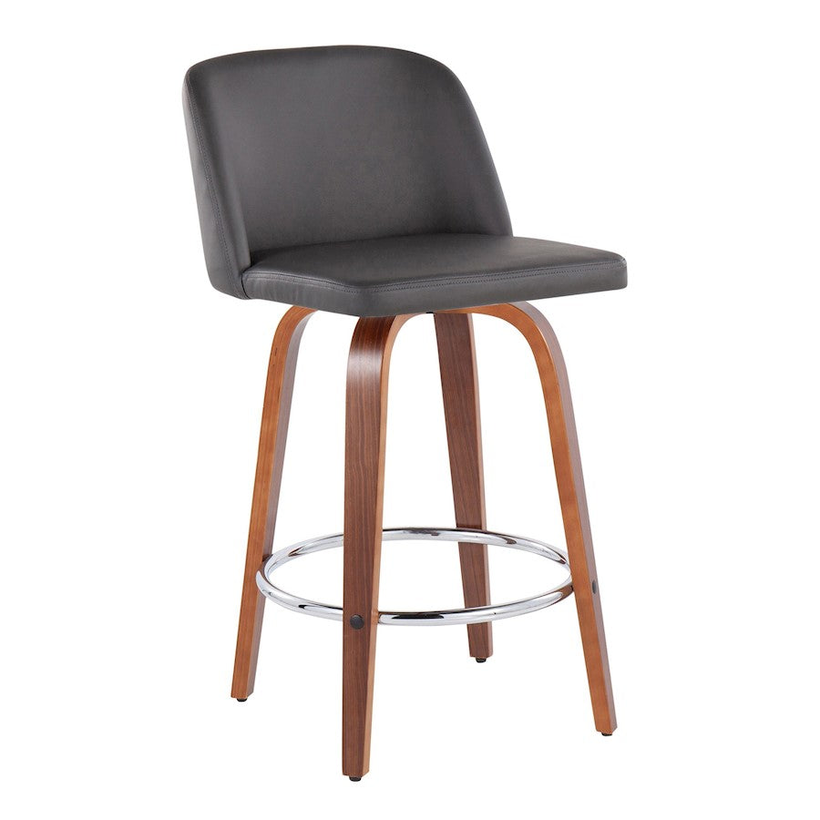 LumiSource Toriano 25.5in Counter Stool Set of 2 | Mid-Century Walnut Wood, Grey PU, Chrome | Kitchen Island & Bar | Model B26-TRNOPU-SWVR2WLGY2