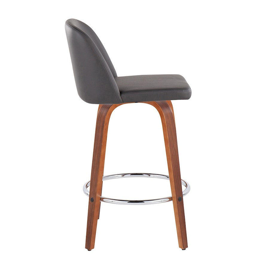 LumiSource Toriano 25.5in Counter Stool Set of 2 | Mid-Century Walnut Wood, Grey PU, Chrome | Kitchen Island & Bar | Model B26-TRNOPU-SWVR2WLGY2