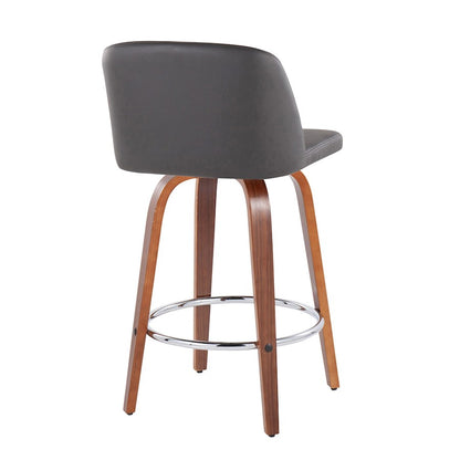 LumiSource Toriano 25.5in Counter Stool Set of 2 | Mid-Century Walnut Wood, Grey PU, Chrome | Kitchen Island & Bar | Model B26-TRNOPU-SWVR2WLGY2