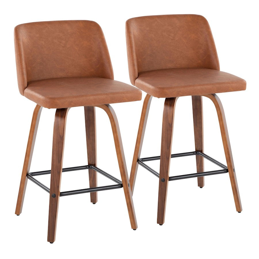 LumiSource Toriano 25.5in Counter Stool Set of 2 | Mid-Century Walnut Wood, Camel PU, Black Steel | Kitchen Island | Model B26-TRNOPU-SWVX2WLCAM2
