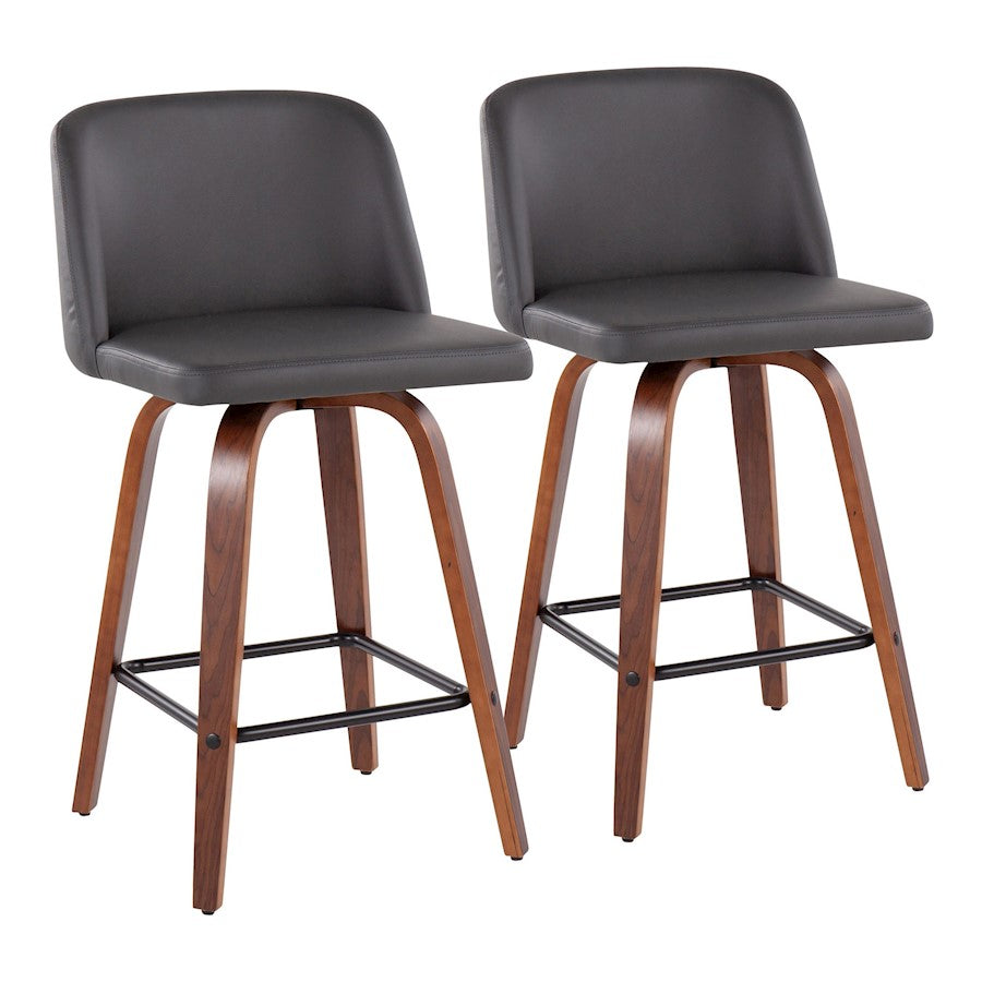 LumiSource Toriano 25.5in Counter Stool Set of 2 | Mid-Century Walnut Wood, Grey PU, Black Steel | Kitchen Island & Bar | Model B26-TRNOPU-SWVX2WLGY2