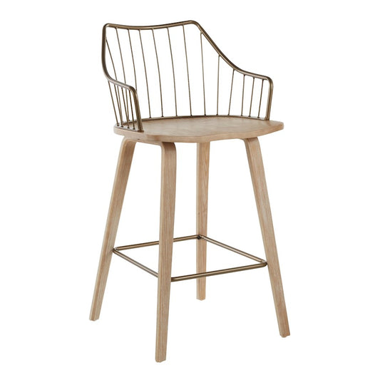 LumiSource Winston Counter Stool | Farmhouse White Washed Wood Seat and Antique Copper Metal Spindle Back | Kitchen Island | Model B26-WINSTNWWANCU