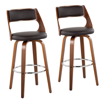 LumiSource Cecina 20in Swivel Barstool Set of 2 | Mid-Century Walnut Wood and Brown PU with Chrome | Kitchen Island | Model B30-CECINA2-SWVRWLBN2