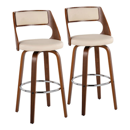 LumiSource Cecina 20in Swivel Barstool Set of 2 | Mid-Century Walnut Wood and Cream PU with Chrome | Kitchen Island | Model B30-CECINA2-SWVRWLCR2