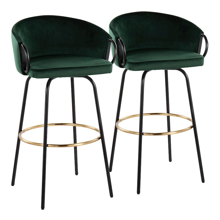 LumiSource Claire 30in Bar Stool Set of 2 | Black Metal Gold Accents and Emerald Green Velvet | Kitchen Island & Home | Model B30-CLAIRE2-SWVGBKVGN2
