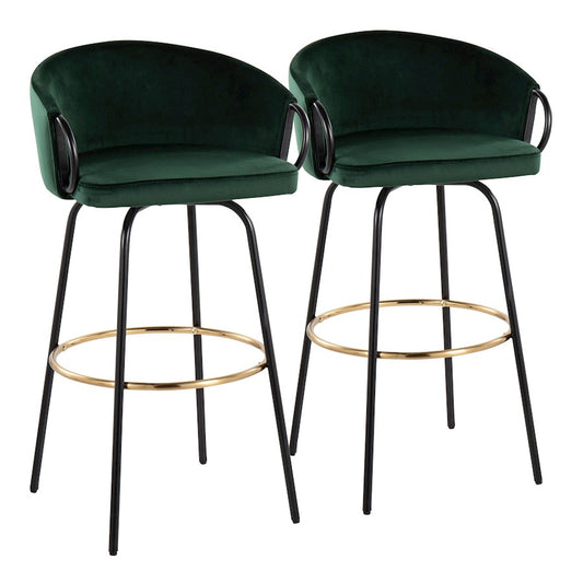 LumiSource Claire 30in Bar Stool Set of 2 | Black Metal Gold Accents and Emerald Green Velvet | Kitchen Island & Home | Model B30-CLAIRE2-SWVGBKVGN2