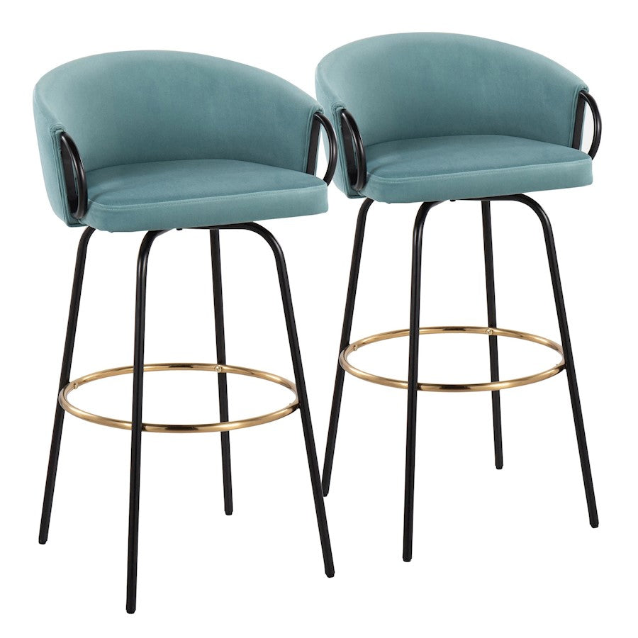 LumiSource Claire 30in Bar Stool Set of 2 | Black Metal Gold Accents and Light Blue Velvet | Kitchen Island & Home | Model B30-CLAIRE2-SWVGBKVLBU2