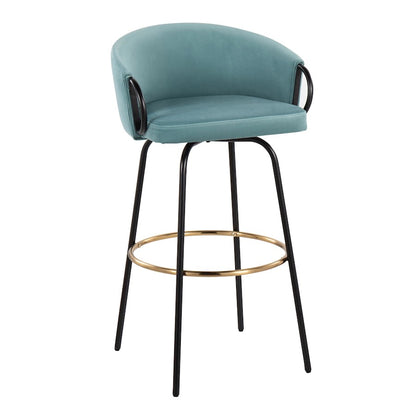 LumiSource Claire 30in Bar Stool Set of 2 | Black Metal Gold Accents and Light Blue Velvet | Kitchen Island & Home | Model B30-CLAIRE2-SWVGBKVLBU2
