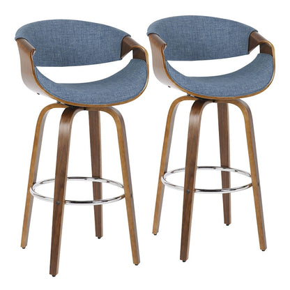 LumiSource Curvini 30in Barstool Set of 2 | Mid-Century Walnut Wood and Blue Fabric | Kitchen Island & Bar Seating | Model B30-CRVNI2-SWVRWLBU2