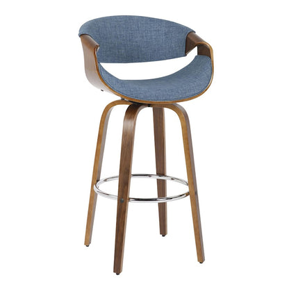 LumiSource Curvini 30in Barstool Set of 2 | Mid-Century Walnut Wood and Blue Fabric | Kitchen Island & Bar Seating | Model B30-CRVNI2-SWVRWLBU2