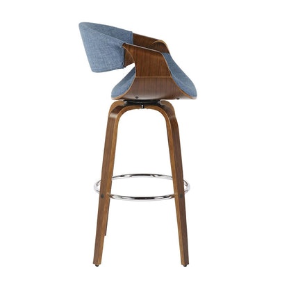 LumiSource Curvini 30in Barstool Set of 2 | Mid-Century Walnut Wood and Blue Fabric | Kitchen Island & Bar Seating | Model B30-CRVNI2-SWVRWLBU2