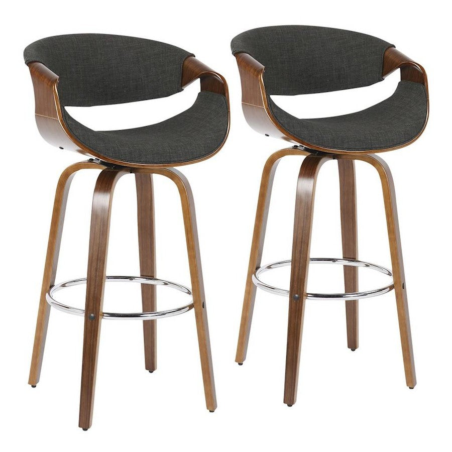 LumiSource Curvini 30in Barstool Set of 2 | Mid-Century Walnut Wood and Charcoal Fabric | Kitchen Island & Bar Seating | Model B30-CRVNI2-SWVRWLCHAR2