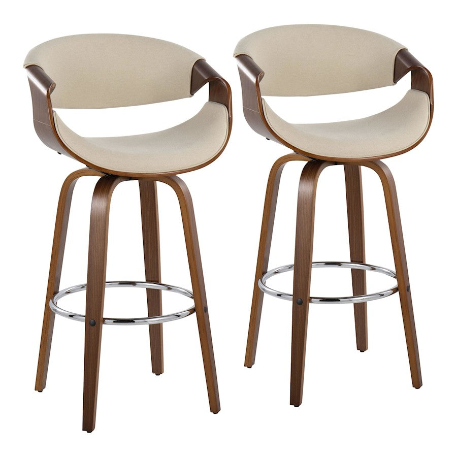 LumiSource Curvini 30in Bar Stool Set of 2 | Mid-Century Walnut Wood, Cream Fabric, Chrome | Kitchen Island & Bar | Model B30-CRVNI2-SWVRWLCR2