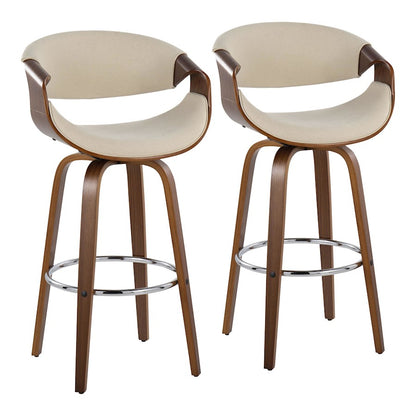 LumiSource Curvini 30in Bar Stool Set of 2 | Mid-Century Walnut Wood, Cream Fabric, Chrome | Kitchen Island & Bar | Model B30-CRVNI2-SWVRWLCR2