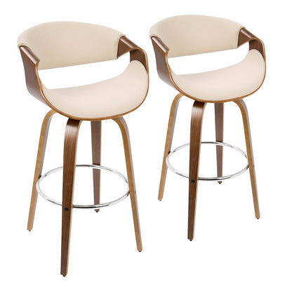 LumiSource Curvini 30in Bar Stool Set of 2 | Mid-Century Walnut Wood, Cream Fabric, Chrome | Kitchen Island & Bar | Model B30-CRVNI2-SWVRWLCR2