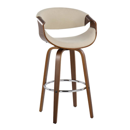 LumiSource Curvini 30in Bar Stool Set of 2 | Mid-Century Walnut Wood, Cream Fabric, Chrome | Kitchen Island & Bar | Model B30-CRVNI2-SWVRWLCR2