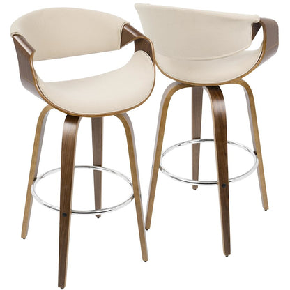 LumiSource Curvini 30in Bar Stool Set of 2 | Mid-Century Walnut Wood, Cream Fabric, Chrome | Kitchen Island & Bar | Model B30-CRVNI2-SWVRWLCR2