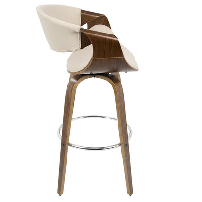 LumiSource Curvini 30in Bar Stool Set of 2 | Mid-Century Walnut Wood, Cream Fabric, Chrome | Kitchen Island & Bar | Model B30-CRVNI2-SWVRWLCR2