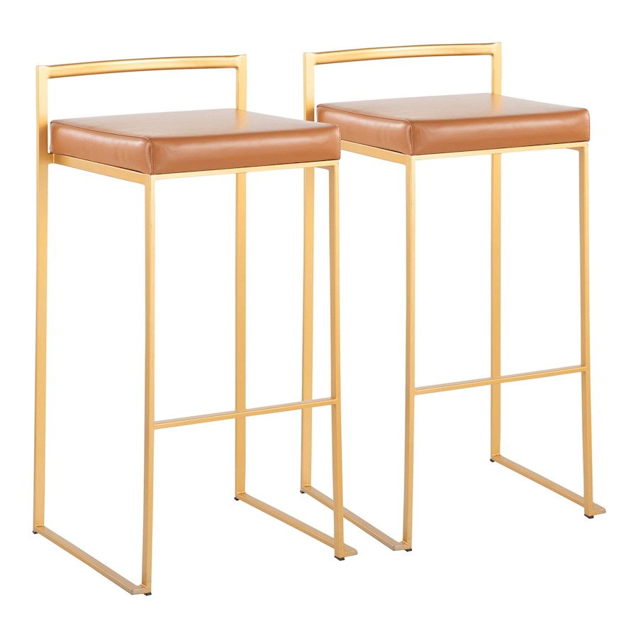 LumiSource Fuji 30.75in Bar Stool Set of 2 | Glam Gold Steel and Camel PU Leather | Kitchen Island & Home Bar Seating | Model B30-FUJIAUCAM2