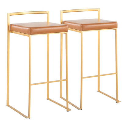 LumiSource Fuji 30.75in Bar Stool Set of 2 | Glam Gold Steel and Camel PU Leather | Kitchen Island & Home Bar Seating | Model B30-FUJIAUCAM2