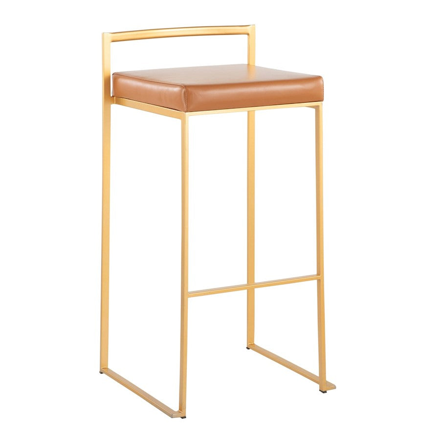 LumiSource Fuji 30.75in Bar Stool Set of 2 | Glam Gold Steel and Camel PU Leather | Kitchen Island & Home Bar Seating | Model B30-FUJIAUCAM2