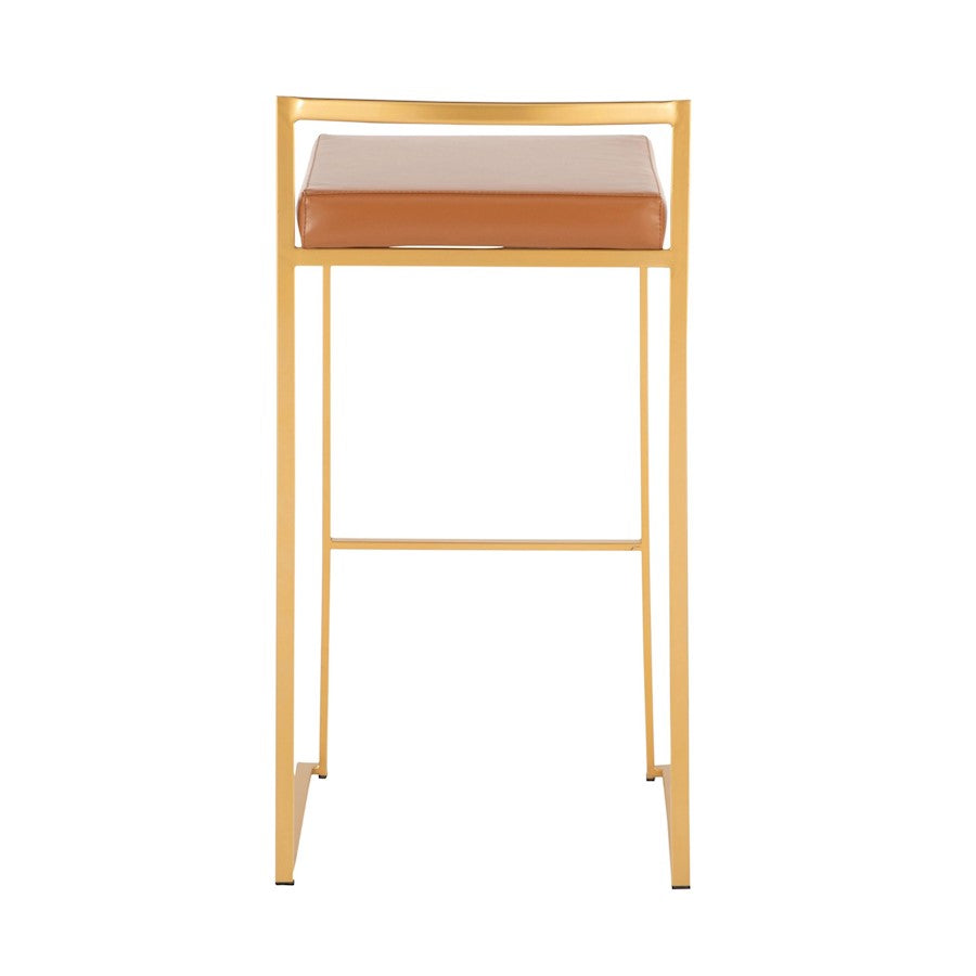 LumiSource Fuji 30.75in Bar Stool Set of 2 | Glam Gold Steel and Camel PU Leather | Kitchen Island & Home Bar Seating | Model B30-FUJIAUCAM2