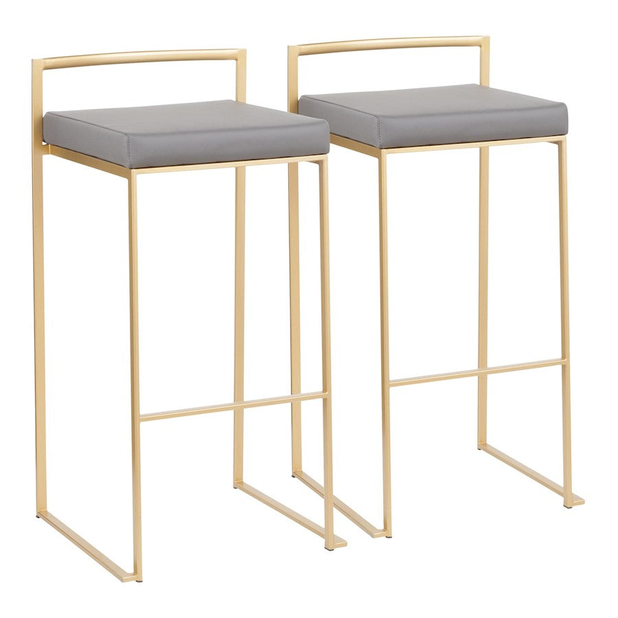 LumiSource Fuji 30.75in Bar Stool Set of 2 | Glam Gold Steel and Grey PU Leather | Kitchen Island & Home Bar Seating | Model B30-FUJIAUGY2