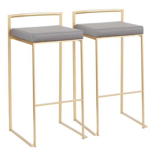 LumiSource Fuji 30.75in Bar Stool Set of 2 | Glam Gold Steel and Grey PU Leather | Kitchen Island & Home Bar Seating | Model B30-FUJIAUGY2