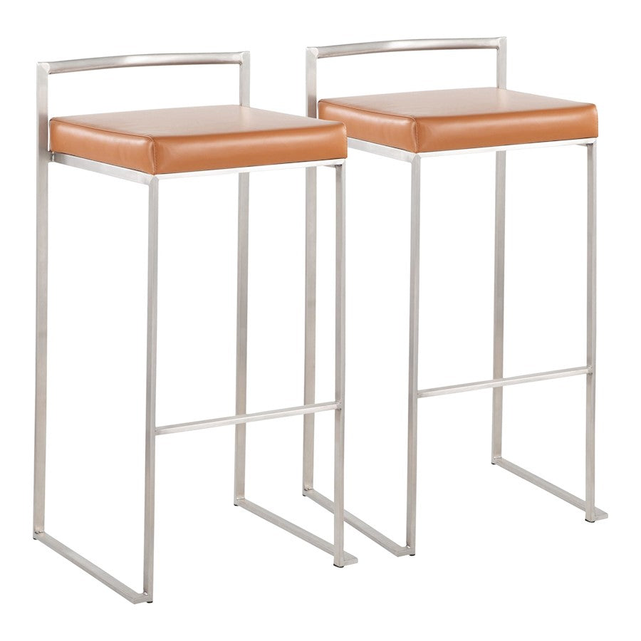 LumiSource Fuji Stackable Barstool Set of 2 | Contemporary Stainless Steel and Camel PU | Kitchen Island & Home Bar Seating | Model B30-FUJICAM2