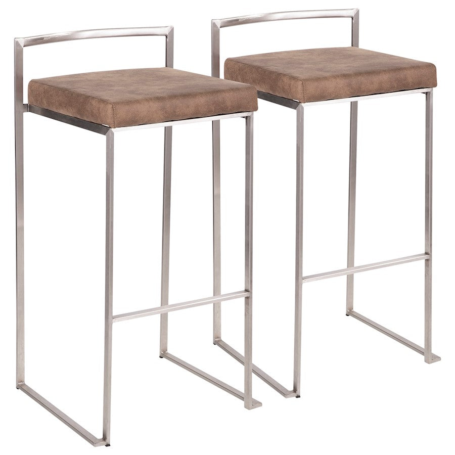 LumiSource Fuji Stackable Barstool Set of 2 | Contemporary Stainless Steel and Brown Cowboy Fabric | Kitchen Island & Home Bar | Model B30-FUJIFBN2