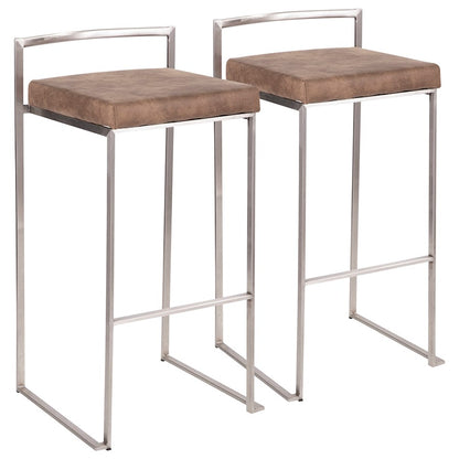 LumiSource Fuji Stackable Barstool Set of 2 | Contemporary Stainless Steel and Brown Cowboy Fabric | Kitchen Island & Home Bar | Model B30-FUJIFBN2
