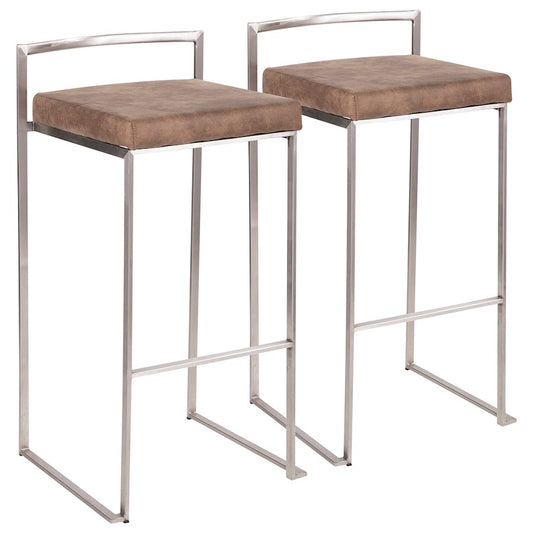 LumiSource Fuji Stackable Barstool Set of 2 | Contemporary Stainless Steel and Brown Cowboy Fabric | Kitchen Island & Home Bar | Model B30-FUJIFBN2