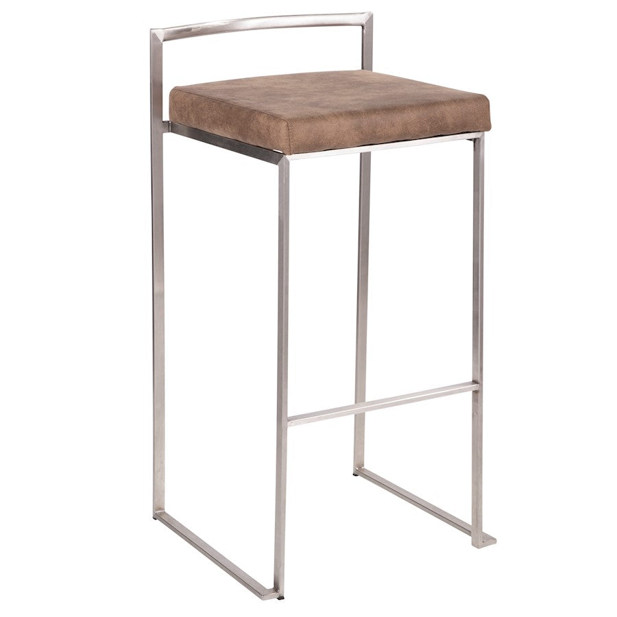 LumiSource Fuji Stackable Barstool Set of 2 | Contemporary Stainless Steel and Brown Cowboy Fabric | Kitchen Island & Home Bar | Model B30-FUJIFBN2