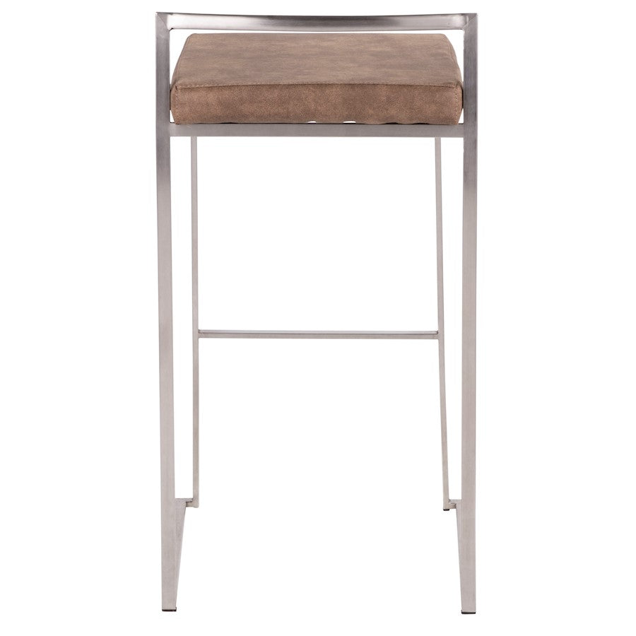 LumiSource Fuji Stackable Barstool Set of 2 | Contemporary Stainless Steel and Brown Cowboy Fabric | Kitchen Island & Home Bar | Model B30-FUJIFBN2