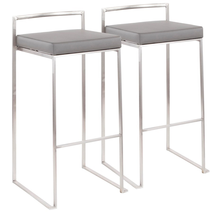 LumiSource Fuji Stackable Barstool Set of 2 | Contemporary Stainless Steel and Grey PU | Kitchen Island & Home Bar Seating | Model B30-FUJIGY2