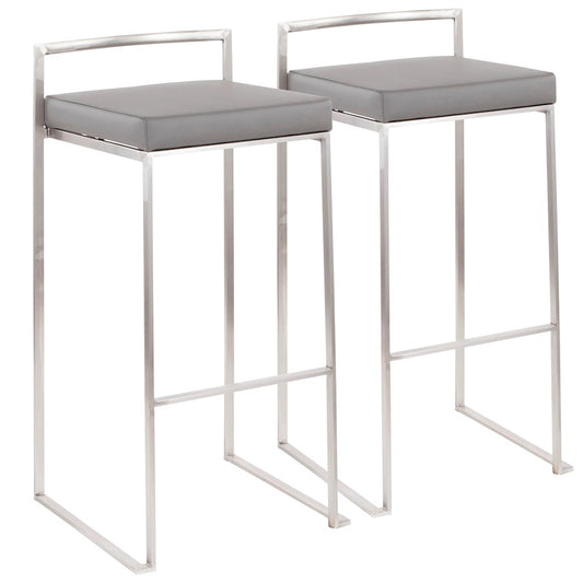LumiSource Fuji Stackable Barstool Set of 2 | Contemporary Stainless Steel and Grey PU | Kitchen Island & Home Bar Seating | Model B30-FUJIGY2