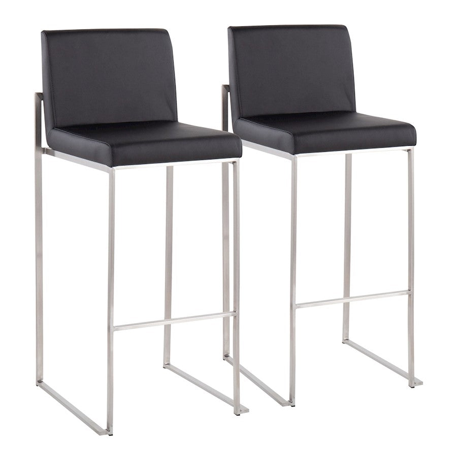LumiSource Fuji High Back Barstool Set of 2 | Brushed Stainless Steel Frame and Black PU Upholstery | Kitchen Island & Home | Model B30-FUJIHBSSBK2