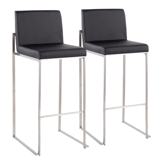 LumiSource Fuji High Back Barstool Set of 2 | Brushed Stainless Steel Frame and Black PU Upholstery | Kitchen Island & Home | Model B30-FUJIHBSSBK2