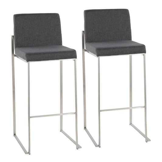 LumiSource Fuji High Back Barstool Set of 2 | Stainless Steel and Charcoal Fabric | Kitchen Island & Home Bar Seating | Model B30-FUJIHBSSFCHAR2