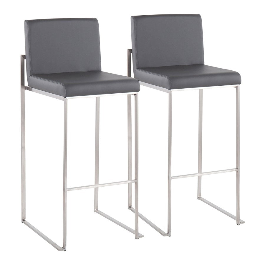 LumiSource Fuji High Back Barstool Set of 2 | Stainless Steel and Grey PU Leather | Kitchen Island & Home Bar Seating | Model B30-FUJIHBSSGY2