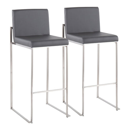 LumiSource Fuji High Back Barstool Set of 2 | Stainless Steel and Grey PU Leather | Kitchen Island & Home Bar Seating | Model B30-FUJIHBSSGY2